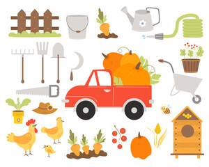 Farming big collection. Pumpkin truck, garden tools, rooster and hen, beehive and bee, carrot patch, wooden fence, straw hat and pumpkin, tomatoes and grains. Vector illustration. isolated elements.