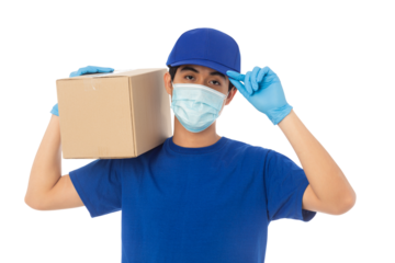 Asian delivery man with his boxes, Png file.