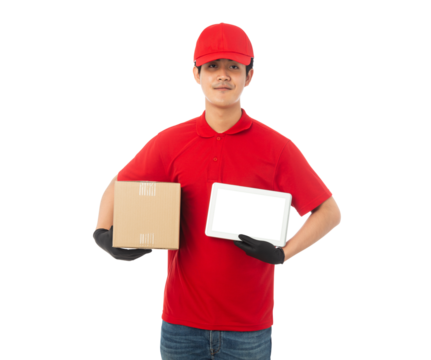 Asian delivery man with his box and tablet, Png file.