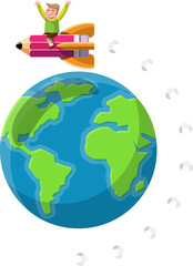 Child rides pencil rocket launch to around the world