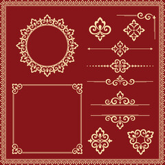 Damask graphic ornament. Floral design element. Gold and red vector pattern