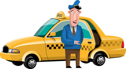 Cartoon taxi driver standing near taxi - obrazy, fototapety, plakaty