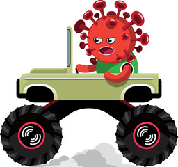 Virus character riding a car