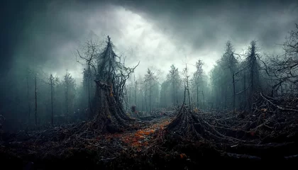 Fototapeten Realistische gespenstische Waldlandschaft bei Nacht. Fantasy-Halloween-Wald-Hintergrund. Digitale Kunst. © Bisams