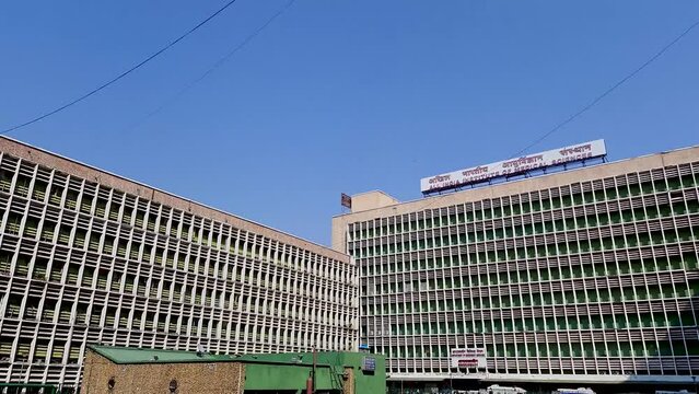 hospital multistory building with bright blue sky at morning