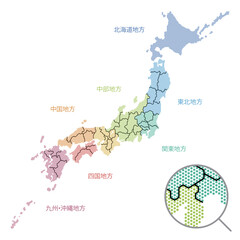 ドットで描かれた日本地図 地方別に塗り分け 都道府県境入り ドット小さめ