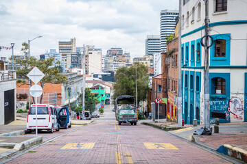 colorful street of la candelaria district in bogota, colombia