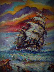 Fototapeta na wymiar Art painting oil color sailboat , junk boat 