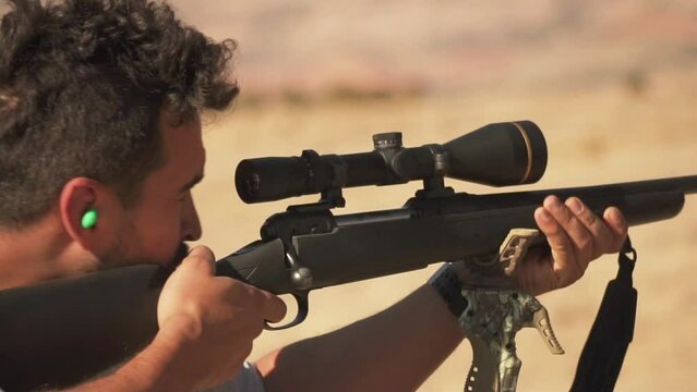 Hispanic Man Fires Scoped R25 Rifle, Heavy Recoil .30-06, Outdoor, Slow Motion