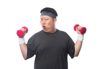 Young Asian fat sport man exercise with dumbbell, Png file.