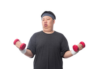 Young Asian fat sport man exercise with dumbbell, Png file.