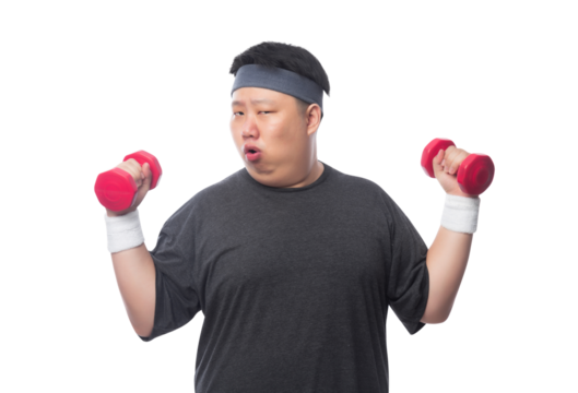 Young Asian fat sport man exercise with dumbbell, Png file.