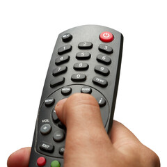 Changing TV program: close up of human hand holding television remote control isolated on white background
