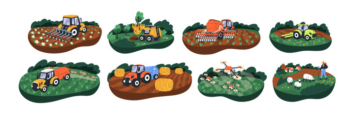 Fototapeta premium Works at agriculture field, farm, pasture set. Tractors, machines harvesting crops of farmlands. Cultivation of agro plantations in countryside. Flat vector illustrations isolated on white background