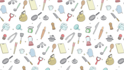 横方向のキッチン用品パターンイラスト