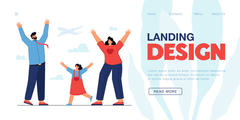 Happy cartoon mother, father and daughter at airport. Family going on vacation together by plane flat vector illustration. Traveling, transportation concept for banner, website design or landing page