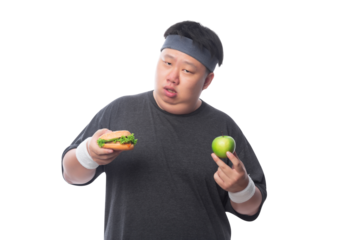 Young Asian funny fat sport man holding hamburger and green apple, Png file.