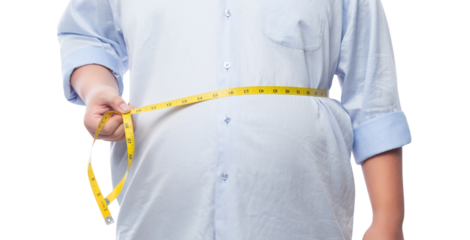 Fat man holding a measurement tape for check out his body, Png file.