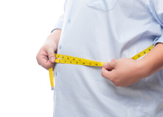 Fat man holding a measurement tape for check out his body, Png file.