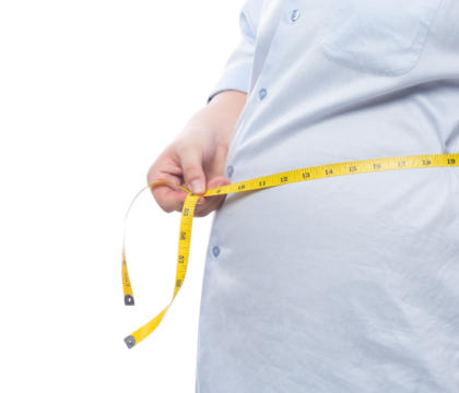 Fat man holding a measurement tape for check out his body, Png file.