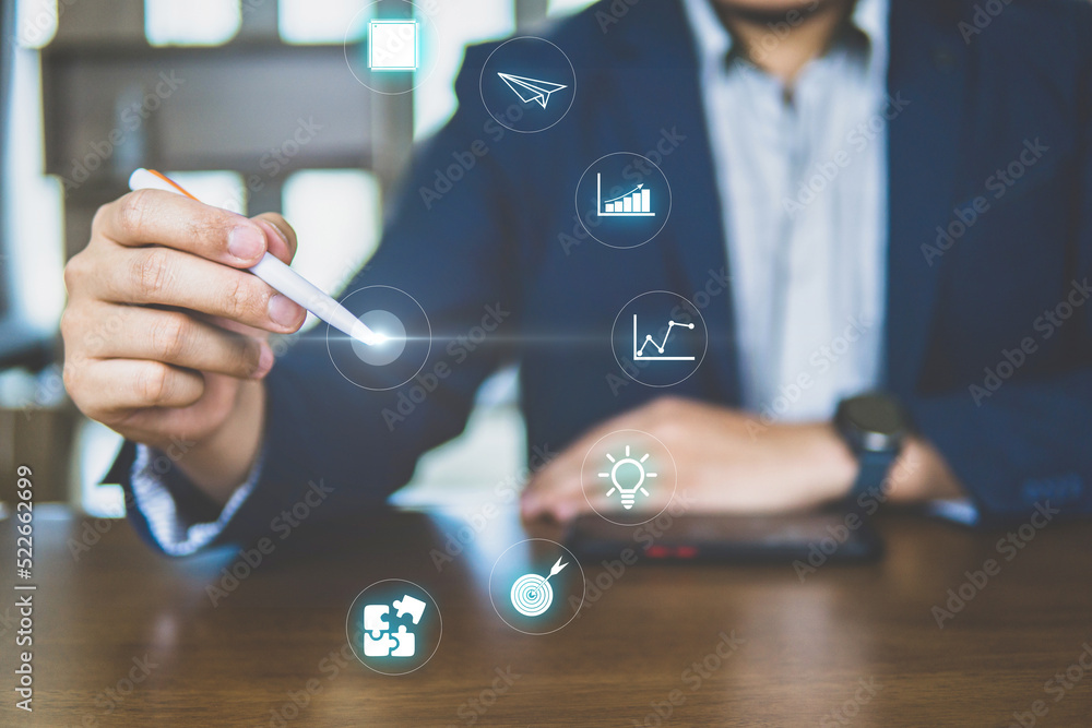 Poster ฺbusiness people pointing on visual screen and select business icon, business data, function and too