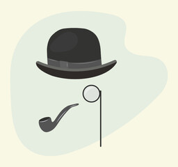 Retro poster of a detective in a hat, pince-nez and smoking pipe. Gentleman, father, dad icon in vintage style. Vector flat illustration. - obrazy, fototapety, plakaty