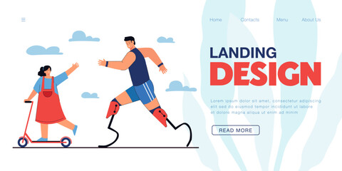 Athlete with prosthetic legs running with girl on kick scooter. Training exercise of man and child flat vector illustration. Sport, disability concept for banner, website design or landing web page