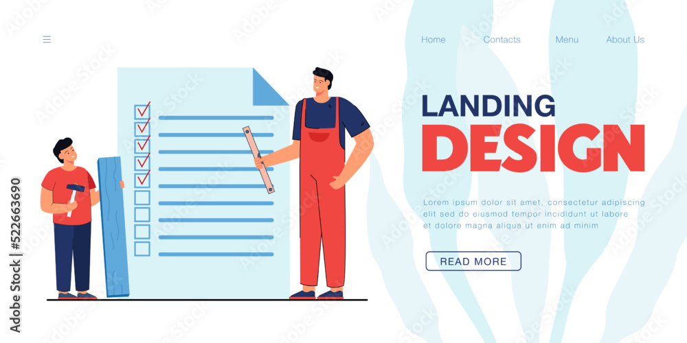 Poster checklist for carpentry works and tasks of father and son. tiny man and boy standing with repair too