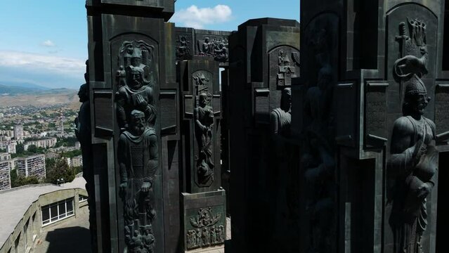 The Pillars Of Chronicle Of Georgia In Tbilisi - aerial, close up