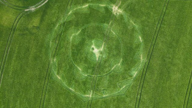 Aerial drone top down shot over a crop circle in the field in Hippenscombe, UK on a windy day. 