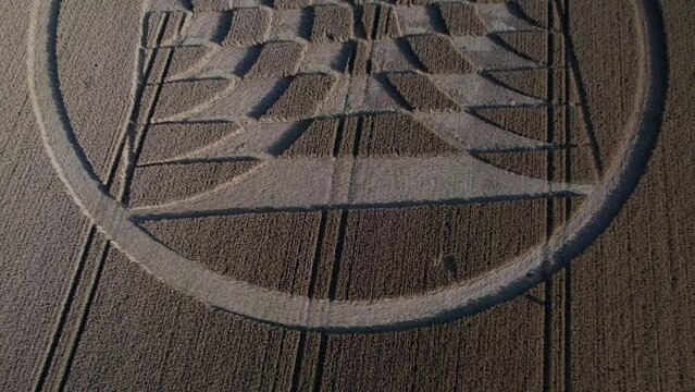 Aerial shot of Fake UFO crop circle taken from a drone in Micheldever Station, United Kingdom.