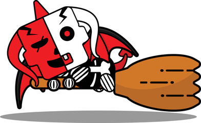 halloween cartoon red devil bone mascot character vector illustration cute skull broomstick