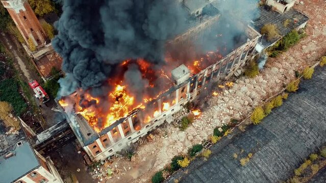 Top view of a building in fire
