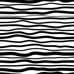 Black curved stripes on white background. Simple monochrome undulating pattern. Optical art, seamless dynamic texture. Soft waves of different thickness. Vector template