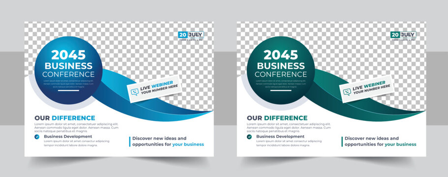 Conference flyer and invitation banner template, Annual corporate business workshop, meeting & training promotion poster, Online digital marketing horizontal cover layout
