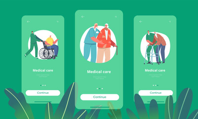 Medical Care Mobile App Page Onboard Screen Template. Volunteers Characters Help to Seniors, Push Wheelchair, Walk