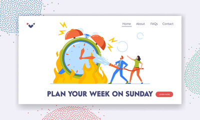 Fototapeta na wymiar Time Planning Landing Page Template. Office Man and Woman Extinguish Huge Burning Clock with Water Hose