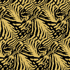 Golden zebra skin, animalistic seamless pattern black gold shimmer shiny zebrano background for design