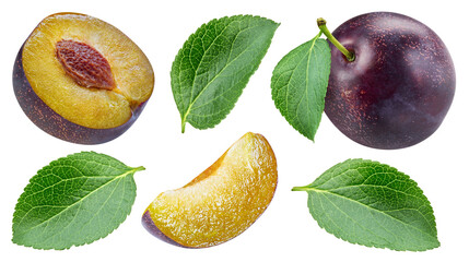 Isolated plum. Fresh organic plum with leaves isolated clipping path. Plum macro studio photo.