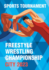 A freestyle wrestling sports tournament. Poster for the championship. The painted athletes are fighting
