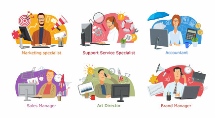 A set of icons for office professions. Cartoon characters are a marketer, technical support, accountant and brand manager. People surrounded by office symbols