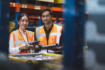 Warehouse worker and manager checks stock and inventory with using digital tablet computer in the retail warehouse full of shelves with goods. Working in logistics, Distribution center.