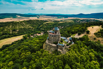 Aerial view of medieval ruined Holloko castle, UNESCO world heritage site in Hungary. Historical...