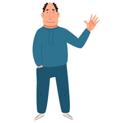 A fashionable man in casual clothes greets. Friendly greeting of a bald guy. Vector illustration in a flat style, isolated on a white background.