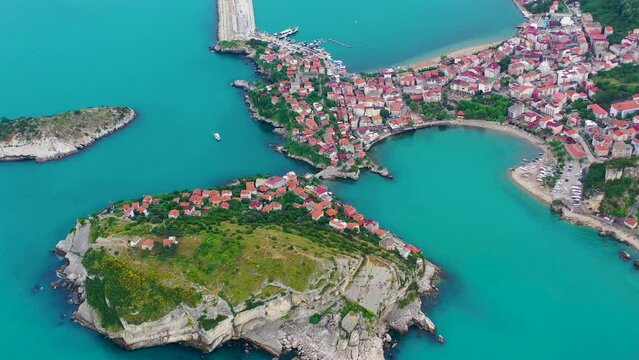 Beautiful cityscape on the mountains over Black-sea, Amasra. Amasra traditional Turkish architecture