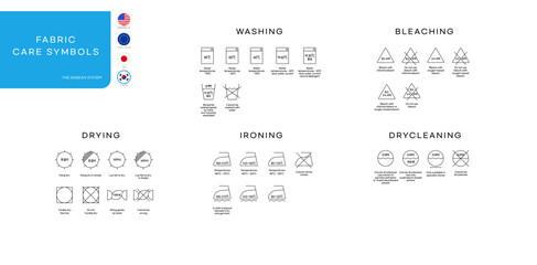 The korean fabric care symbols.  Loundry symbols. Loundry icons. Vector. 세탁기호.