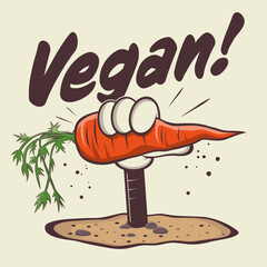 funny illustration of a retro cartoon hand holding a vegan carrot