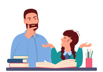 Little girl is doing her homework and sadly spreads her hands. Thoughtful father is sitting next to her and looks at the notebook. Teacher and student. Vector illustration in flat style