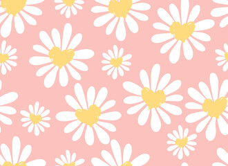 Daisies and hearts seamless pattern. Chamomile flowers. Vector background. 