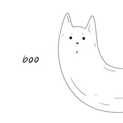 Cat Ghost Character Popping Up Around a Corner. Halloween Symbol. Doodle Style, Isolated on White Background, Cartoon, Clip Art.